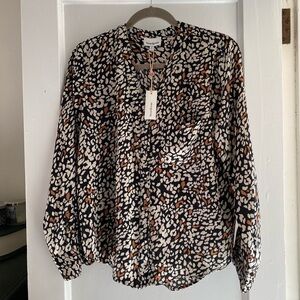 Elevated Boho Chic V-neck Button Down Long-Sleeve Blouse in Black Multi